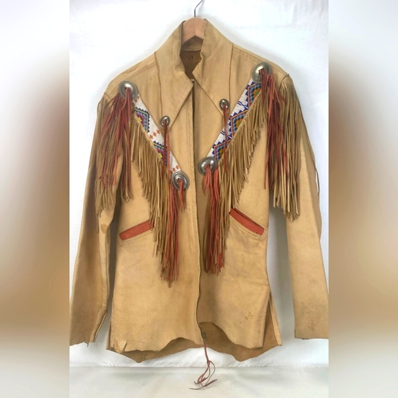 Vintage Tan Leather Western Cowboy Cowgirl Beaded Concho Fringe Jacket Coat S